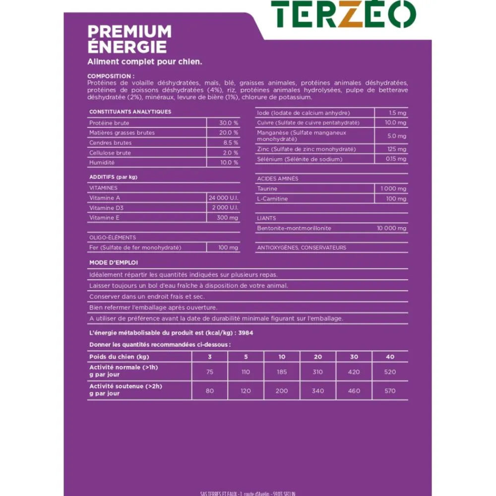 TERZEO VOS ANIMAUX CROQUETTE PREMIUM ENERGIE 15KG> Alimentation·Croquettes Chien Adulte Énergie|Alimentation·Croquettes Chien Adulte Énergie