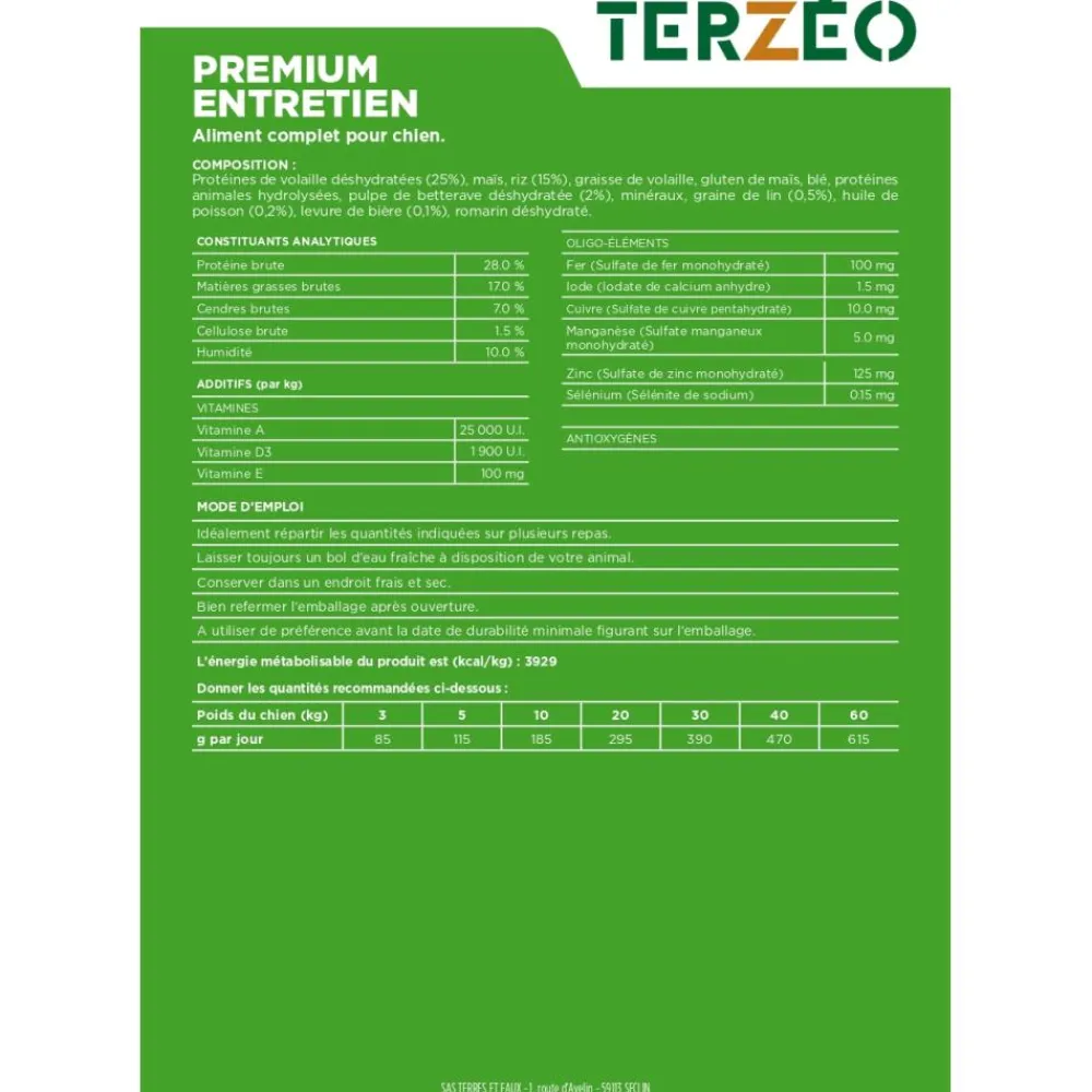 TERZEO VOS ANIMAUX CROQUETTE PREMIUM ENTRETIEN 15KG> Alimentation·Croquettes Chien Adulte Entretien|Alimentation·Croquettes Chien Adulte Entretien