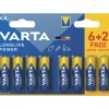 VARTA PILE AA/LR06 LONGLIFE POWER 6+2GRATUIT> Piles Et Batteries·Piles|Éclairage·